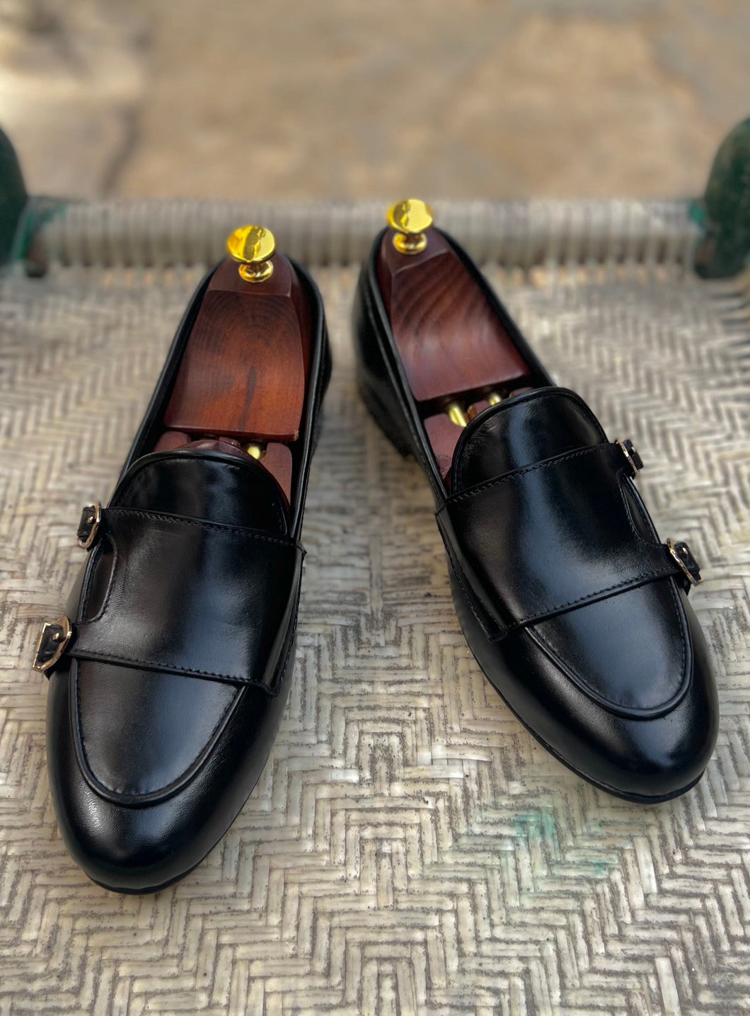 Black Double Monk Leather Loafers