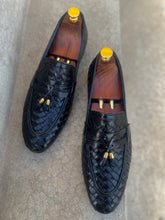 Load image into Gallery viewer, SKU-242 Black Leather Knitted Tassel Loafers

